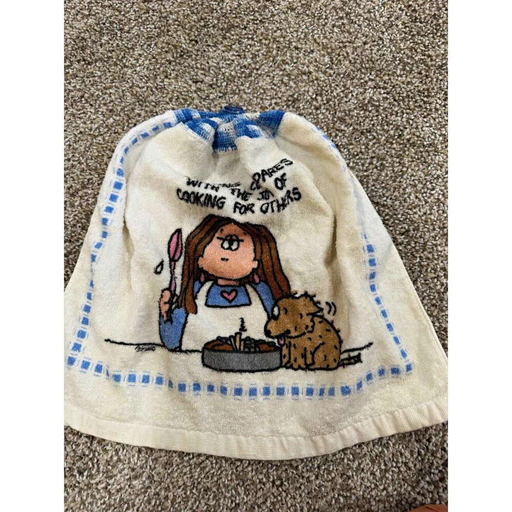 VTG Cathy Comic Cecil Saydah Co. 100% Cotton Tea Towel Cartoon Girl & Dog Cook